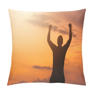 Personality  Silhouette Of A Man With Hands Raised In The Sunset, Empowered Concept. Pillow Covers