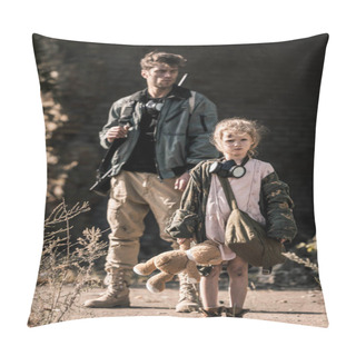 Personality  Selective Focus Of Kid With Soft Toy Standing Near Armed Man, Post Apocalyptic Concept Pillow Covers