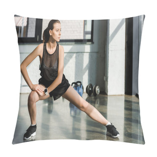 Personality  Focused Sportswoman Doing Lateral Lunge Exercise At Fitness Center Pillow Covers