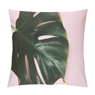 Personality  Partial View Of Green Monstera Leaf On Pink Tabletop Pillow Covers