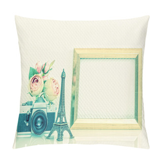 Personality  Golden Picture Frame, Flowers And Vintage Camera. Nostalgic Deco Pillow Covers