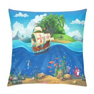 Personality  Cartoon Underwater World With Fish, Plants, Island And Caravel Pillow Covers