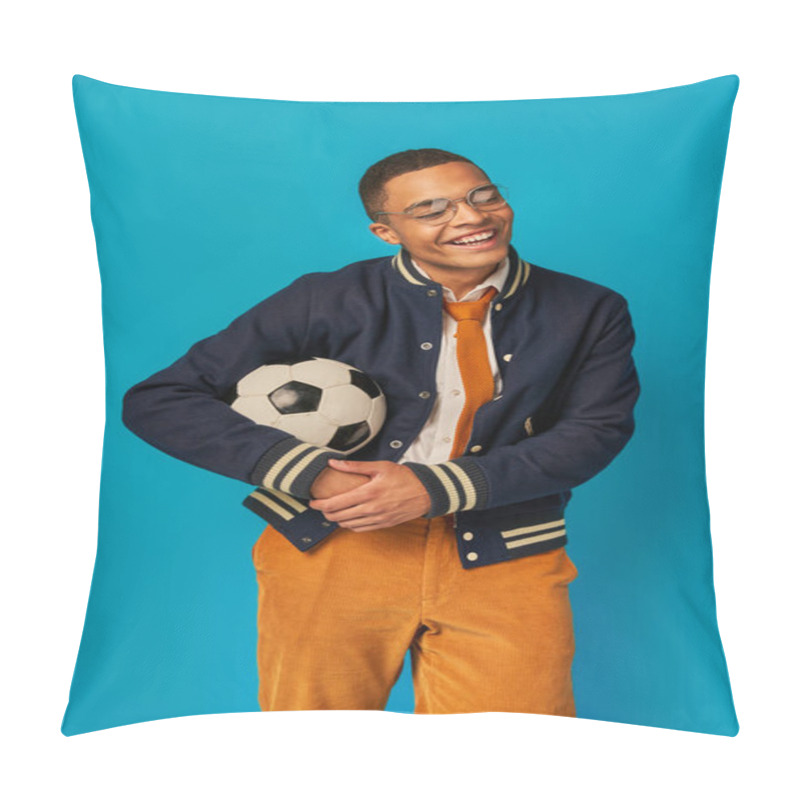 Personality  Happy African American Student In Stylish Jacket And Orange Pants Holding Soccer Ball On Blue Pillow Covers