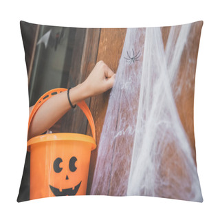 Personality  Cropped View Of Girl Holding Bucket With Painted Spooky Face While Knocking At Door Near Decorative Spider Net Pillow Covers