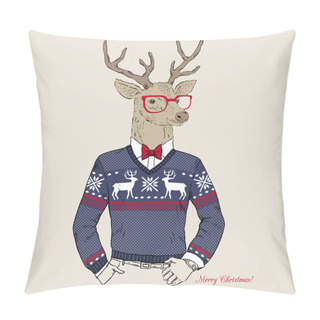 Personality  Deer Hipster In Jacquard Sweater, Merry Christmas Card Pillow Covers