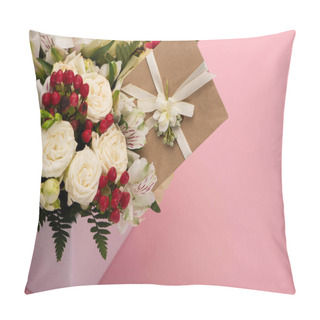 Personality  Bouquet Of Flowers In Festive Gift Box With Greeting Card On Pink Background Pillow Covers