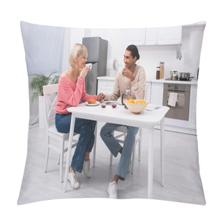 Personality  Happy Multiethnic Couple Drinking Tea Holding Hands During Breakfast  Pillow Covers
