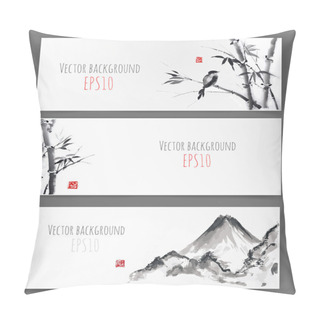 Personality  Banners With Bamboo, Mountains And Bird Pillow Covers