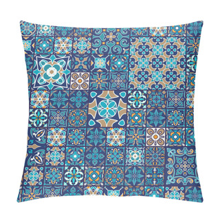 Personality  Vector Mosaic Patchwork Ornament With Square Tiles. Seamless Texture. Portuguese Azulejos Decorative Pattern. Ornamental Square Design In Oriental Style Pillow Covers