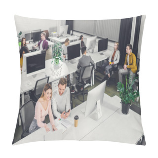 Personality  High Angle View Of Young Business Colleagues Sitting And Working Together In Open Space Office Pillow Covers
