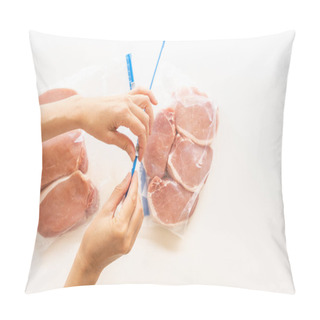 Personality  Raw Boneless Pork Loin Chops In Zip Lock Bags. Woman Packs Meat In Bags, Close Up View, White Background, Directly From Above Pillow Covers