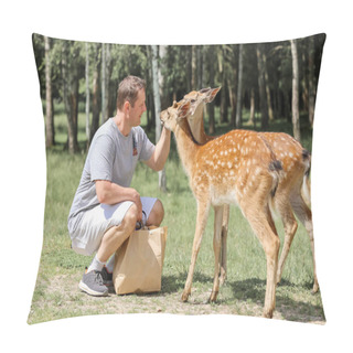 Personality  A Man Feeding Cute Spotted Deer Bambi At Contact Zoo. Happy Traveler Man Enjoys Socializing With Wild Animals In National Park In Summer. Pillow Covers
