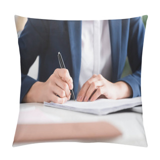 Personality  Cropped View Of Team Leader Signing Documents On Desk Pillow Covers
