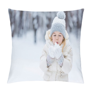 Personality  Portrait Of Adorable Kid Blowing Onto Snow Ball In Hands In Winter Park Pillow Covers