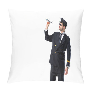 Personality  Young Bearded Pilot In Uniform And Sunglasses With Toy Plane Isolated On White Pillow Covers