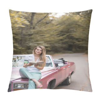 Personality  Young Smiling Woman Sitting On Hood Of Vintage Cabriolet And Reading Book Pillow Covers