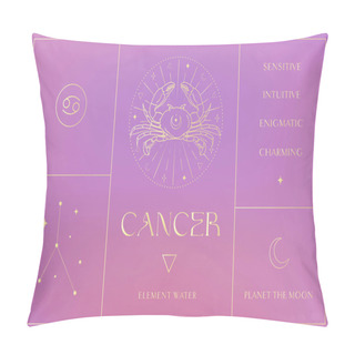 Personality  Zodiac Cancer Set Gold Sign Design, Esoteric Abstract Logo, Mystic Spiritual Symbols, Icons. Astrology, Moon And Stars, Magic Esoteric Art. Pillow Covers