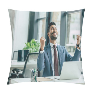 Personality  Happy Businessman Looking Up And Showing Winner Gesture While Sitting At Workplace Pillow Covers