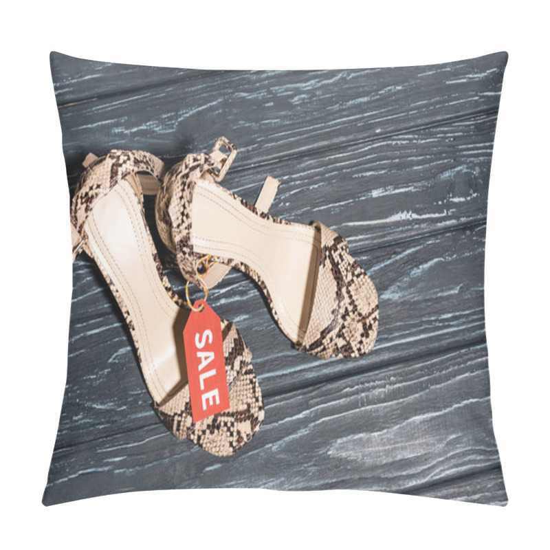 Personality  top view of fashionable pair of shoes with sale tag, black friday concept  pillow covers