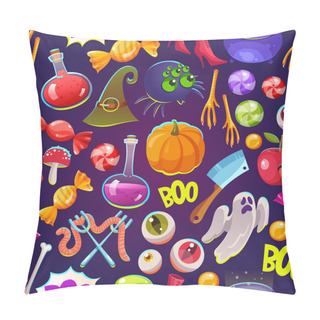Personality  Seamless Halloween Pattern. Funny Background With Scary Objects. Vector Illustration With Eyes, Potion, Spider, Bones, Bringing, Pumpkin, Witches Boots And Hat In Cartoon Style. Pillow Covers