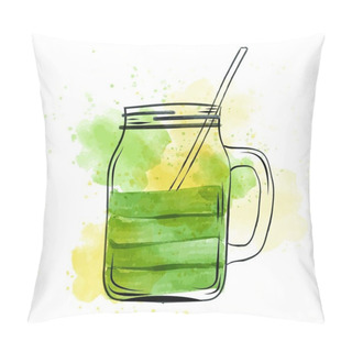 Personality  Hand Drawn Green Smoothie Jar In Watercolor Style, Vector Format Pillow Covers