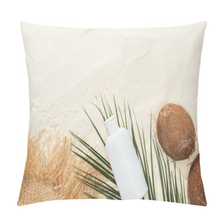 Personality  Top View Of Palm Leaf, Coconuts And Sunscreen Lotion With Straw Hat On Sand Pillow Covers