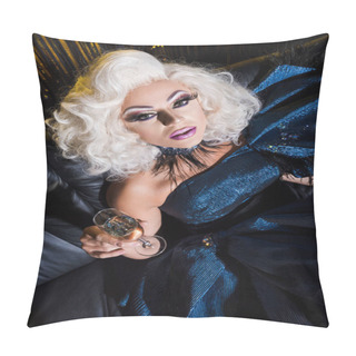 Personality  Overhead View Of Drag Queen With Champagne Glass Looking At Camera While Sitting On Couch Pillow Covers