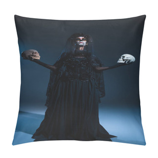 Personality  Woman In Spooky Makeup And Witch Dress Standing With Closed Eyes And Skulls On Dark Background With Blue Light Pillow Covers