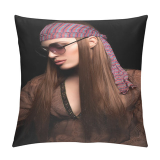 Personality Pretty Long Hair Hippie Woman On Black Background Pillow Covers