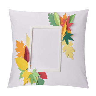 Personality  Flat Lay With Handcrafted Paper Leaves And Empty Frame On White Tabletop Pillow Covers