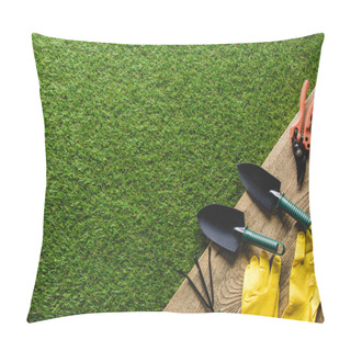 Personality  Top View Of Shovels, Hand Rake, Protective Gloves And Secateurs On Wooden Planks Pillow Covers
