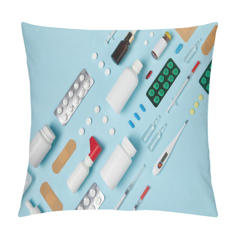 Personality  Top View Of Various Medical Supplies Composed In Row On Blue Surface Pillow Covers
