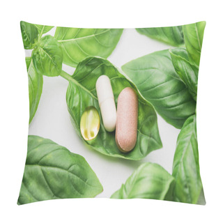 Personality  Pills And Green Leaves On White Background, Naturopathy Concept Pillow Covers