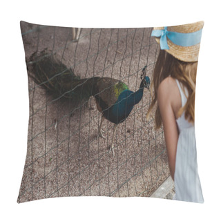 Personality  Cropped View Of Kid In Straw Hat Standing Near Peacock In Cage  Pillow Covers