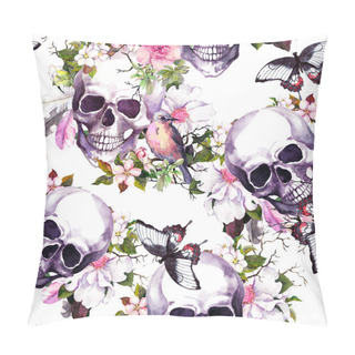 Personality  Human Skulls , Butterflies, Flowers, Bird. Seamless Pattern. Watercolor Pillow Covers