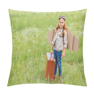 Personality  Adorable Kid In Pilot Costume With Retro Suitcase Standing In Summer Field Pillow Covers