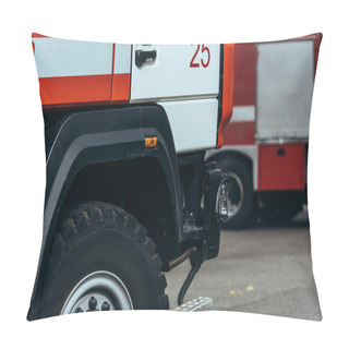 Personality  Close Up View Of Red And White Fire Truck On Street Pillow Covers