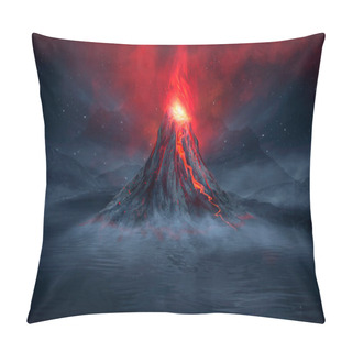 Personality  Night Fantasy Landscape With Abstract Mountains And Island On The Water, Explosive Volcano With Burning Lava, Neon Light. Dark Futuristic Natural Scene With Reflection Of Light In The Water. 3D  Pillow Covers