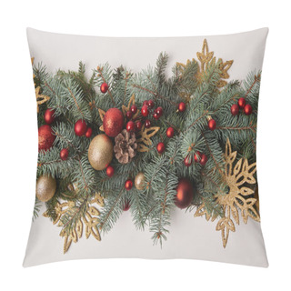 Personality  Top View Of Fir Twigs With Colored Christmas Decoration Isolated On White Pillow Covers