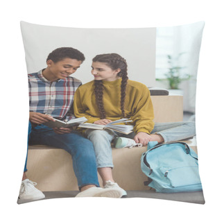 Personality  Happy High School Students Couple Doing Homework Together Pillow Covers