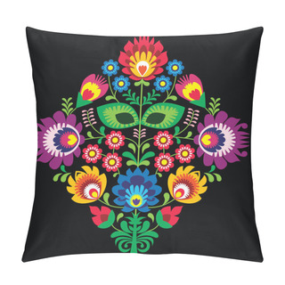Personality  Folk Embroidery With Flowers - Traditional Polish Pattern On Black Background Pillow Covers