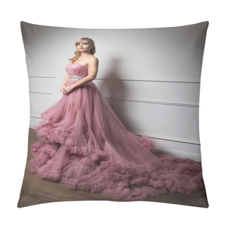 Personality  Portrait Of Young Beautiful Girl In Long Pink Dress In White Room Pillow Covers