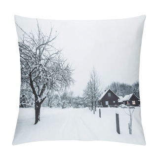 Personality  Trees Covered With White Snow And Wooden Houses In Carpathian Mountains Pillow Covers