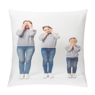 Personality  Mother And Daughters Of Different Generations In Similar Clothing Covering Parts Of Faces Isolated On Grey Pillow Covers
