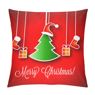 Personality  Merry Christmas Vector Illustration | Green Xmas Tree | Little Gift Boxes | Red Santa Claus Red Hat | Red Stocking Pillow Covers