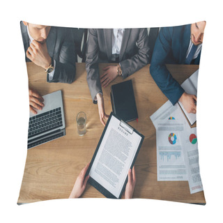 Personality  Overhead View Of Recruiters Taking Resume By Employee During Job Interview   Pillow Covers