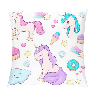 Personality  Set Of Cute Magical Unicorn, Rainbow, Star, Cake. Vector Design Isolated On White Background. Illustration For Children. Pillow Covers