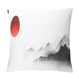 Personality  Dark Misty Mountains And Big Red Sun. Traditional Oriental Ink Painting Sumi-e, U-sin, Go-hua. Translation Of Hieroglyph - Eternity. Minimalistic Zen Illustration. Pillow Covers