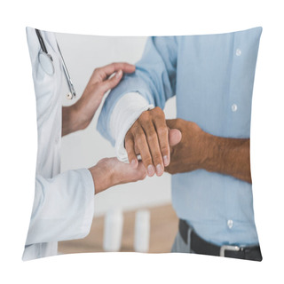 Personality  Cropped View Of Doctor Touching Broken Arm On Man In Clinic  Pillow Covers