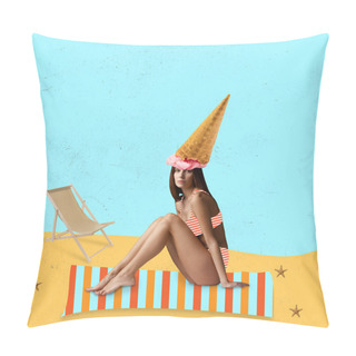 Personality  Contemporary Art Collage Of Woman In Swimsuit With Ice Cream Cone On Head Isolated Over Drawn Beach Background Pillow Covers